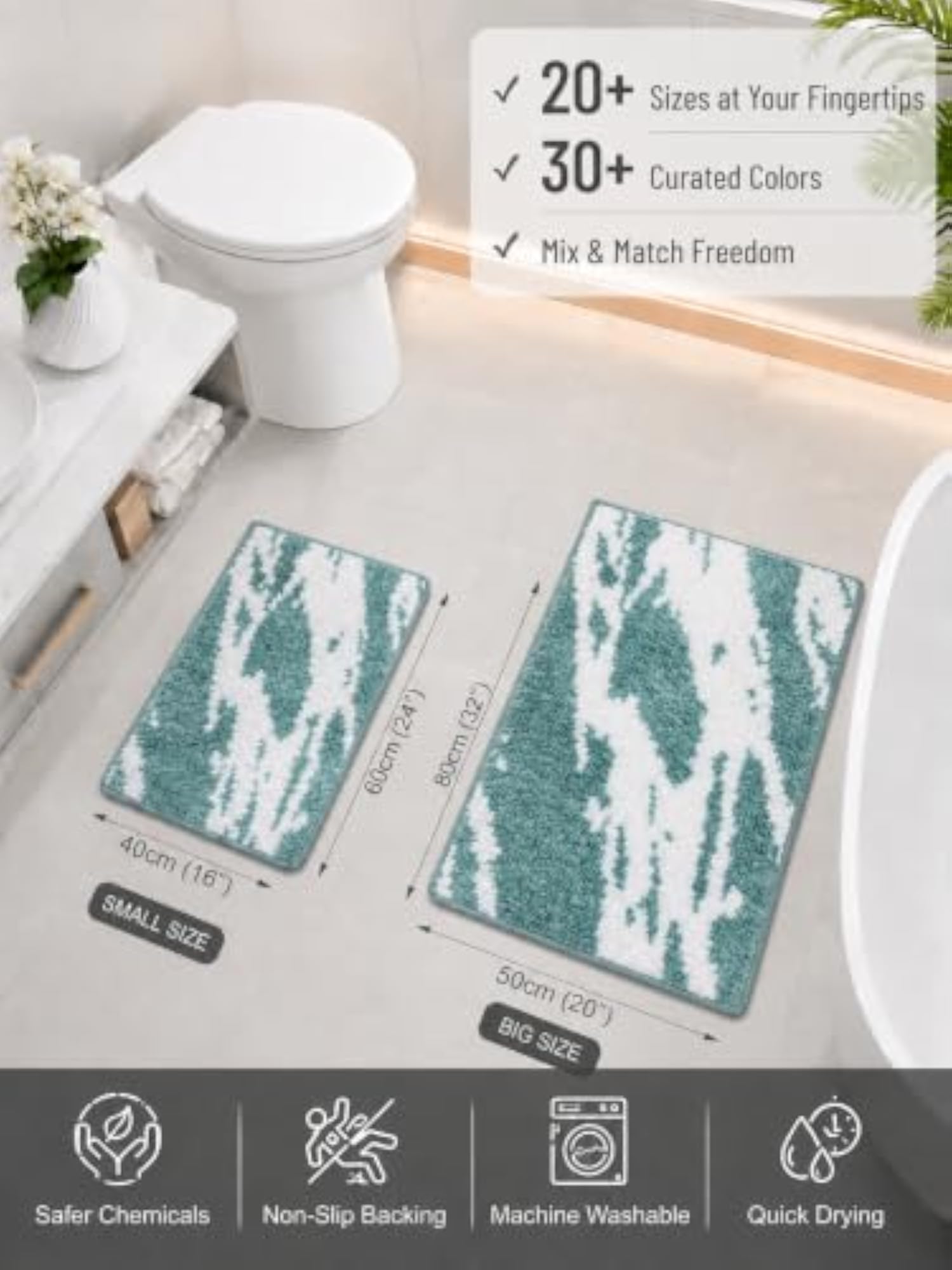 Pack of 2 Green Bathroom Rugs, Soft and Absorbent