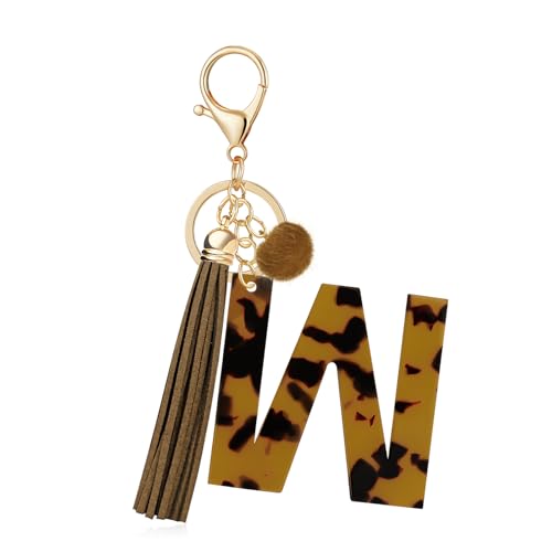 OKAICEN Brown Faux Tortoiseshell Pattern Initial Letter 'W' Keychain for Women Girls, Leopard Print Acrylic Alphabet Key Ring with Tassel & Pom Pom, Bag Charm for Car Keys Handbag Backpack Purse