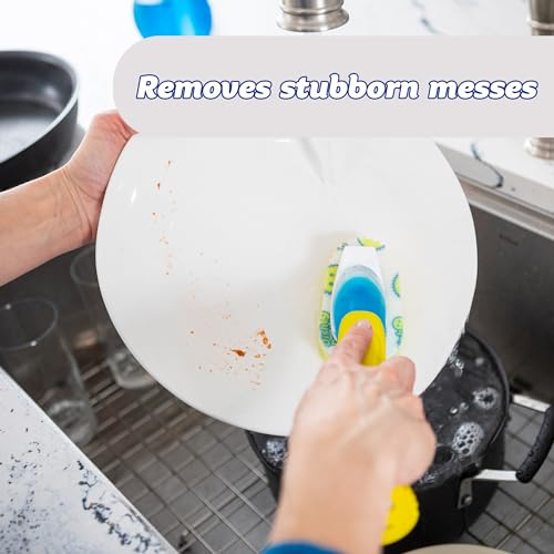 Scrub Daddy Dish Daddy Różdżka do naczyń i głowice uzupełniające, szczotka do dozowania mydła, gąbka do mycia zmieniająca teksturę z uchwytem płynu, gąbka do naczyń z wbudowanym skrobakiem i głowicą