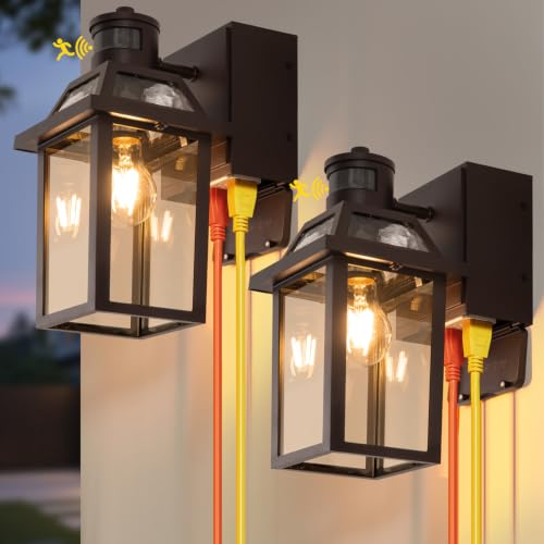 Image of Yisuro Porch Lights with GFCI Outlet, Dusk to Dawn Motion Sensor Outdoor Light, 3 Lighting Modes Exterior Fixture, Outside for House Front Door Patio Garage(2 Pack Brown)