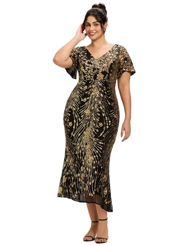 Image of Ever-Pretty Plus Women's Sequin V Neck Plus Size Prom Dress Mermaid Formal Cocktail Evening Dresses for Curvy Women