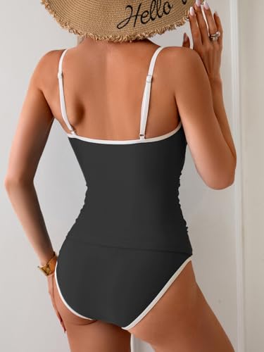 Image of Eomenie Women's Tankini Swimsuits Two Piece Tummy Control Bathing Suit Color Block Slim Swimwear with High Waisted Bottom