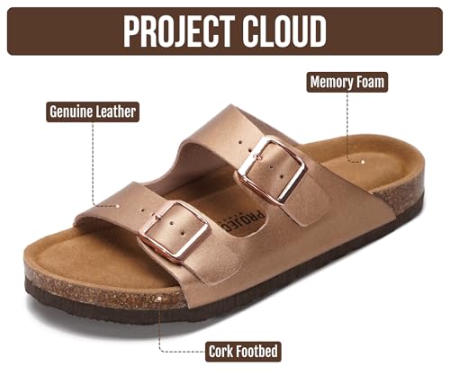 Image of Project Cloud 100% Genuine Leather Flat Sandals For Women 2026 Cork Footbed Womens Sandals with Memory Foam and arch support Vacation Essentials Slides for Women Footwear (Venita)