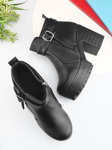 Image of XE Looks Fashionable & Trendy Block Heel Ankle Boots for Women with Buckle Detail and Zipper Closure, Ideal for Casual and Dressy Outfits for Women & Girls
