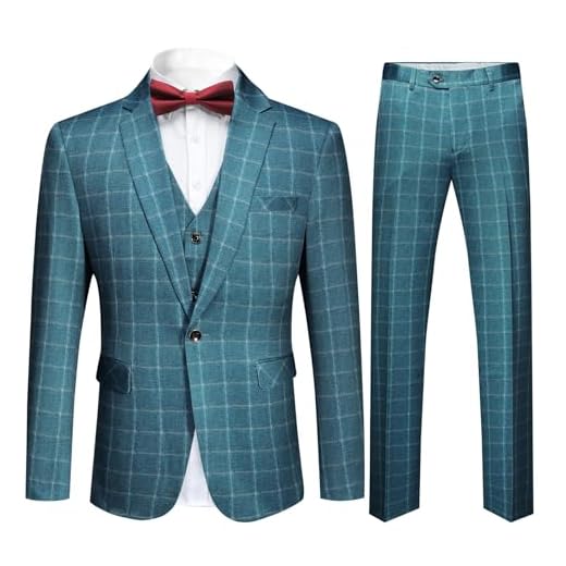 Men's Plaid Modern Fit 3-Piece Suit Blazer Jacket Tux Vest & Trousers, Blue, Medium.