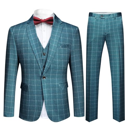 Cloudstyle Mens 3-Piece Plaid Suit Set Modern Fit Jacket Tux Blazer Vest Pants