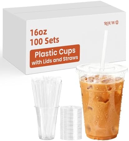 100 Pack - 16 oz Clear Plastic Cups with Lids and Straws,Sturdy & Food Safe Iced Coffee Cups with lids,Disposable Coffee Cups with Lids for Cold Drinks, Iced Coffee, Milkshake- BPA free