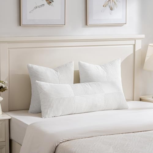 Image of Fancy Homi Set of 2 White Boho Long Lumbar Body Decorative Throw Pillow Cover 14x36 Inch for Bed Couch Bedroom Bench, Soft Patchwork Corduroy Textured Pillow Case, Rustic Farmhouse Room Decor
