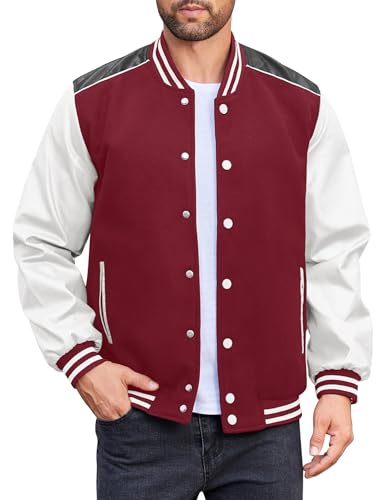 Image of COOFANDY Mens Varsity Jacket Casual Leather Sleeve Baseball Letterman Bomber Jacket Coat