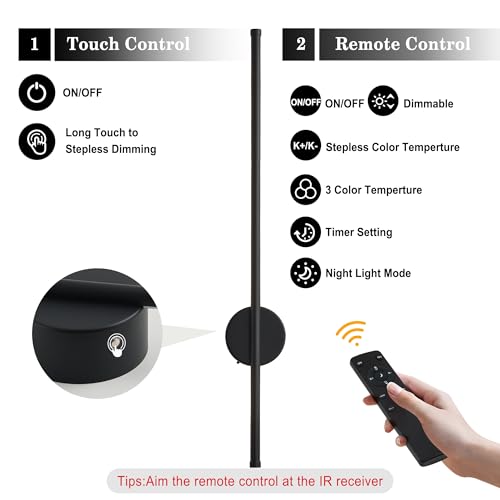 Image of Battery Operated Modern Wall Sconces, Dimmable Wireless Wall Light Set of Two with Remote Control, 3 Color Temperatures, Rechargeable LED Wall Sconce for Bedroom, Living Room, Hallway, 27.6 Inch Black