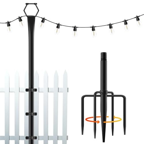1 Pack 10Ft String Light Poles for Outside, Light Poles for Outdoor String Lights, Adjustable Outdoor Light Poles with Fence Brackets Hanging Lights,Metal Stand Deck Patio Backyard