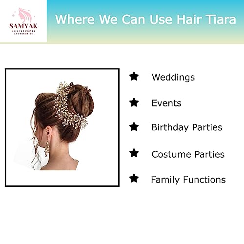 Image of Samyak Crystal Pearl Hair Vine Tiara Headband Headdress Hair Jewellery /Hair pin /Bun Clip For Bridal Wedding Functions Bridesmaid (Golden)