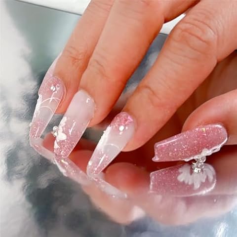 Press on Nails, Handmade Middle Square Fake Nails, Easy to Replace False Nails for Wedding, Party, Birthday. Stick on Nails with Storage Box 10 Pcs (Pink Dream, M) Cover