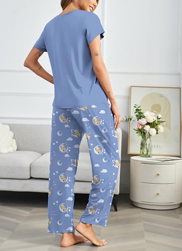 Image of Ekouaer Pajama Sets for Women Round Neck Pjs Short Sleeve Sleepwear with Long Pants Loose Lounge Sets Blue Teddy Bear X-Large