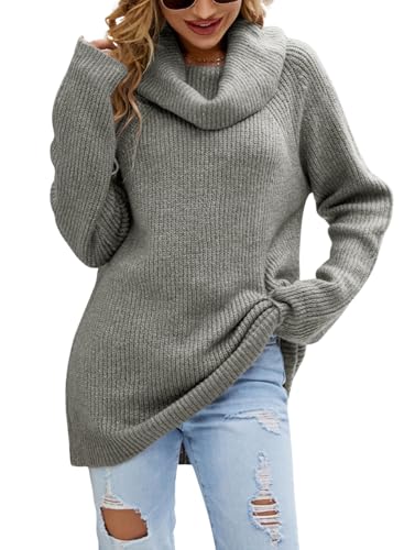 JFAN Pull Femme Hiver Chaud Chic e Elegant Pull Col Roulé Long Femme Manche Longue Pullover Oversize Tricoté(Gris,XL)