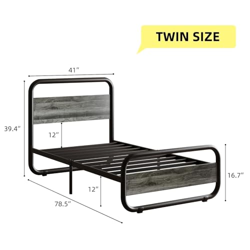 Image of Twin Bed Frames, Metal Platform Twin Bed Frame with Wood Headboard, Grey | RBG LED Lights /Heavy Duty Metal Slats Support /12 in Under-Bed Storage /Noise-Free /No Box Spring Needed /Easy Assembly
