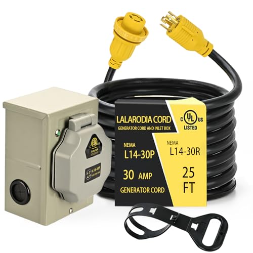 30 Amp 25 FT Generator Cord and Power Inlet Box (Pre-Drilled) Waterproof Kit, Nema L14 30p Generator Extension Cord with L14-30P to L14-30R Twist Lock Cord Plug for Outdoor Use,125/250 Volts
