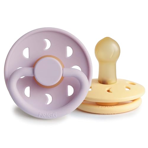 Image of FRIGG Moon Natural Rubber Baby Pacifier | Made in Denmark | BPA-Free (Soft Lilac/Daffodil, 0-6 Months) 2-Pack