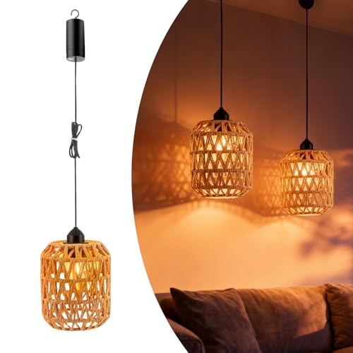 ExKeen Hängelampe Akku Ohne Stromanschluss, 2 Stück Rattan Hängelampe Lampe mit Fernbedienung, IP65 Wasserdicht, Dimmbar, Timer, Boho Deko Lampe...