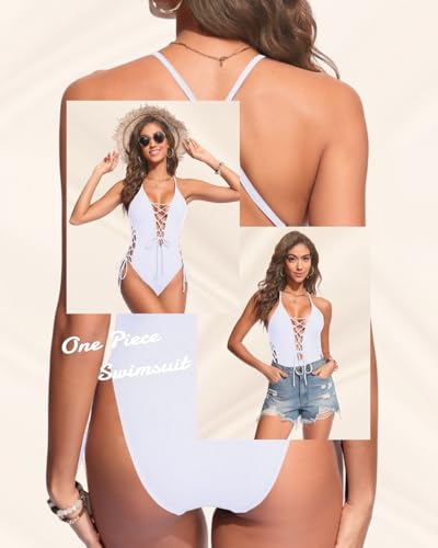 Image of Tempt Me Women Sexy Lace Up One Piece Swimsuit Deep Plunge V Neck High Cut Bathing Suits