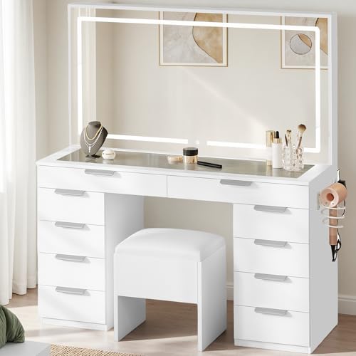 YITAHOME Vanity Desk with Lighted Mirror and Power Outlets, Makeup Vanity Table with Stool with Hidden Storage, 10 Drawers, Tempered Glass Top, 3 LED Colors, Makeup Table Home Furniture Crea