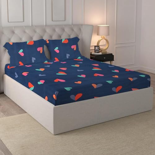 Image of LOOMLYFE 300 TC Cotton Feel Glace Cotton Elastic Fitted Printed Queen Size Double Bed Bedsheet with 2 Pillow Covers Fits Upto 8 inches,Size- 60x78x10 Inches, Blue Hearts