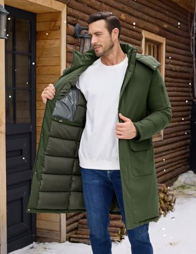 Image of Men's Winter Long Puffer Jackets, Water-Repellent Down Parka Warm Coats Outerwear with Detachable Hood & Carry Straps