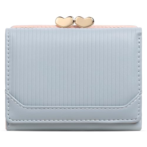 Small Genuine Leather Wallet for Women Bifold RFID Blocking Cute Compact with Coin Pocket (Blue)