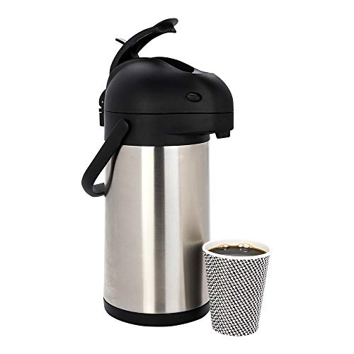 Restaurantware Met Lux 3 Liter Coffee Dispenser 1 Pump Lever Coffee Pump Dispenser - 24 Hour Heat Retention Built-In Handle Silver Stainless Steel Airpot Thermal Coffee Carafe For Airports