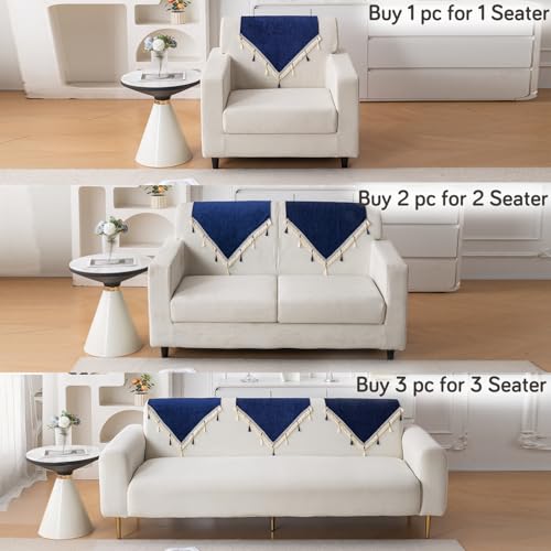 Image of HOKIPO 'Serenity Tassel' Chenille Sofa Back Cover with Tassels - 1 Pc Sapphire Navy (IN-894-NBL)
