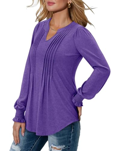 BETTE BOUTIK Long Sleeve Shirts for Women Fall Tops Dressy Blouses Pleated V Neck Tunic Tops for Leggings S-3XL