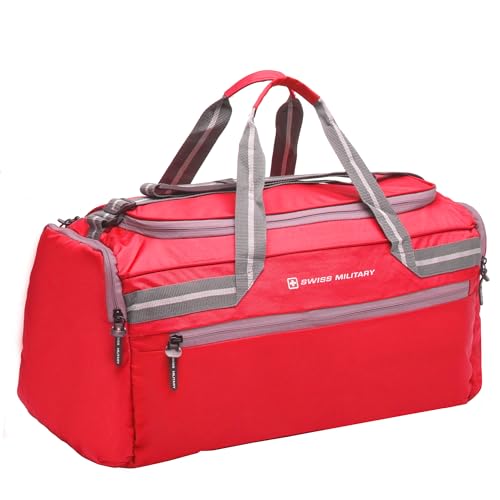 Image of Swiss Military BULLZ 47L Travel Duffle Bag for Men & Women, 100% Polyester, Large Capacity Gym Bag, Front & Dual Side Zip Pockets, with Adjustable Shoulder Strap & Multiple Zipper Pockets-Red