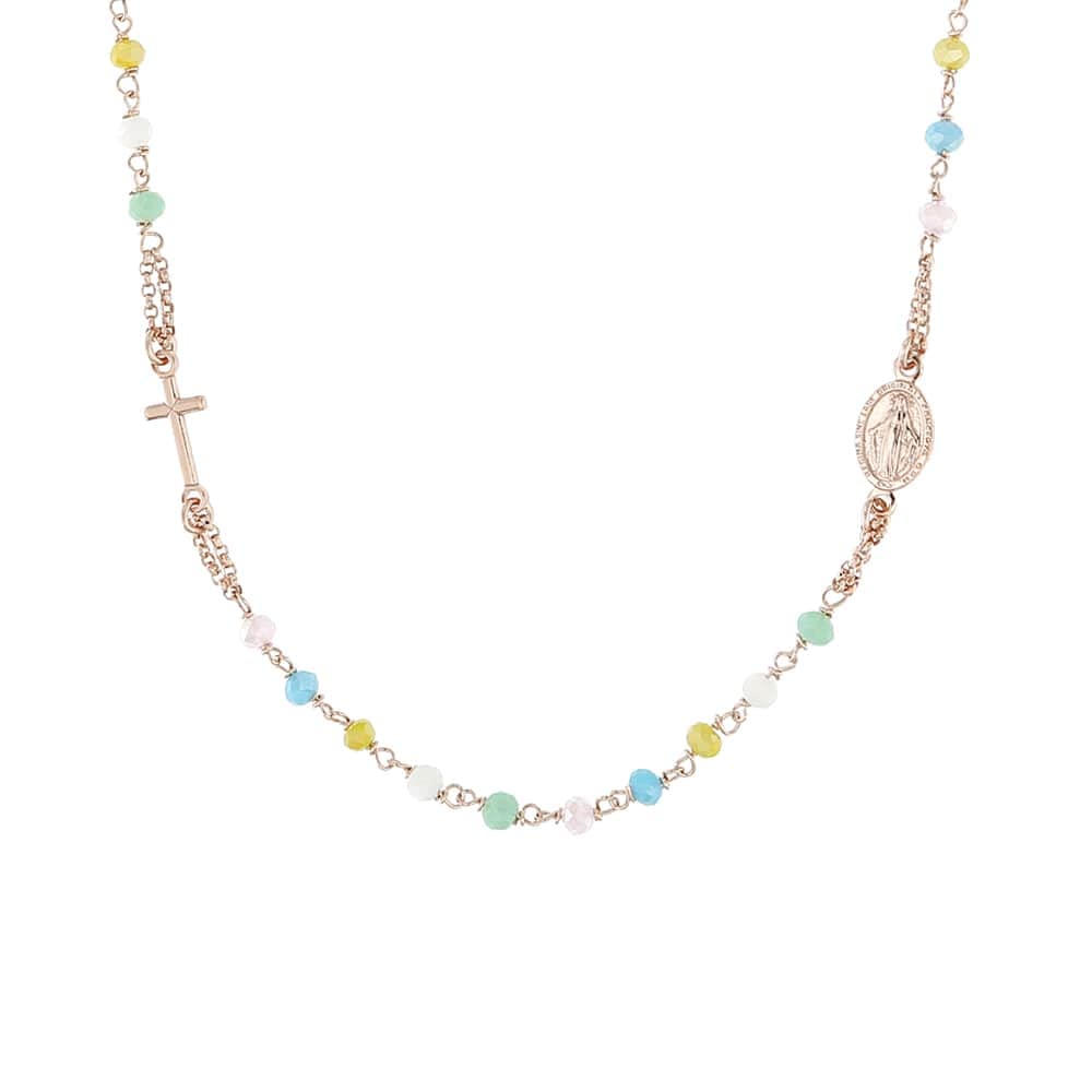 Linea Italia Gioielli - Collar Rosario para Mujer en Plata 925 Rosa con Cruz, Medalla Virgen y Piedras Multicolores Pastel - Joya Certificada Made in Italy