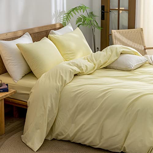Image of BESTOUCH Cotton Solid Duvet Cover Set Linen Feel Light Yellow Queen | 100% Washed Cotton, Soft Wrinkle Texture, Hidden Zipper, 8 Ties, Breathable Lightweight Durable Comfy, 3 Pcs No Insert
