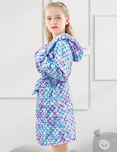 Funnycokid Mermaid Robes For Girls Flannel Bathrobes Kids Soft Plush Hooded Sleepwear 7-9 Years Long Sleeve Loungewear Pajamas Gift Size 7 8 9 #TOP2