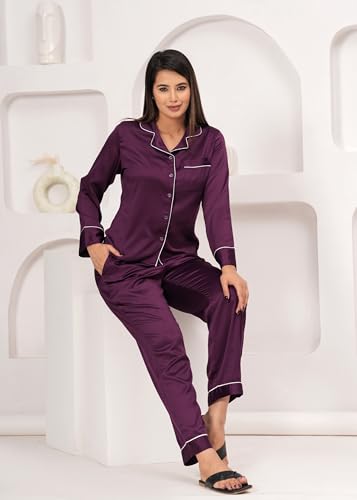 Image of Women Satin Solid Night Suit - Purple