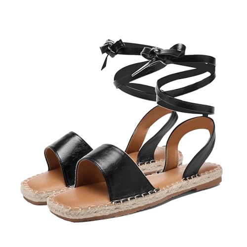 ZHILIUNIAN Women's Espadrille Gladiator Flat Sandals,Ladies Tie Up Summer Strappy Open Toe Memory Foam Leather Comfortable Trendy Dressy Casual Holiday Beach Vintage Roman Shoe (7,Black) by ZHILIUNIAN - Used condition - Image 7