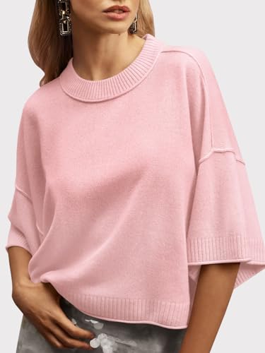 Image of Saodimallsu Womens Short Sleeve Sweater Summer Oversized Cropped Sweaters Casual Crewneck Lightweight Knit Tops