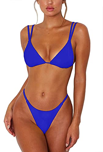 2PCS Sexy Swimsuits for Women Thong Bikini Bathing Suits Triangle Set Cheeky Brazilian String Two Pieces(M, Blue)