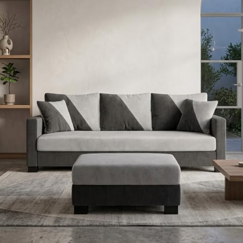Image of Zavian 4 Seater L Shape Sofa Set with Movable Ottomans | Flexible Layout | Rich Velvet Suede Fabric | Silver Legs | Spacious Seating | Modern Sofa for Living Room (Dark Grey-Light Grey)