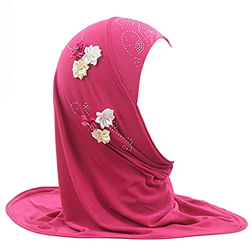 Rosy kids' amira hijab with six flower details — the 50x30 cm panel is cut for a 2-to-6-year-old head