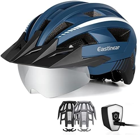 EASTINEAR Adults Bike Helmet with Magnetic Goggle Bicycle Helmet with USB Rechargeable LED Light for Men Women Cycling Helmet with Removable Sun Visor Adjustable Size (XL: 59-63 cm, Navy)