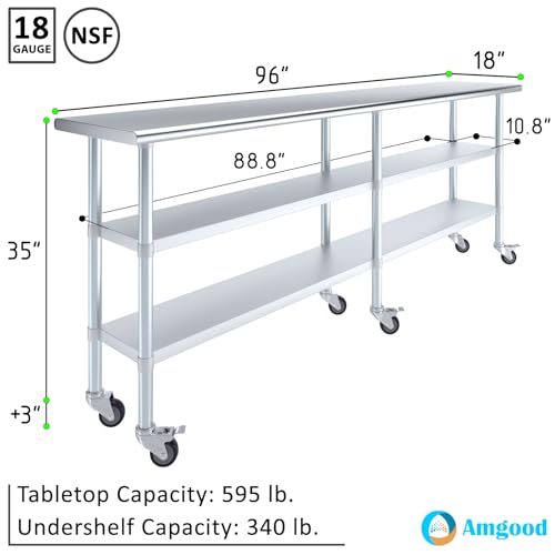 Image of AmGood Stainless Steel Work Table with 2 Shelves and Casters | Metal Utility Table On Wheels (Stainless Steel, 96 inch Long x 18 inch Deep)