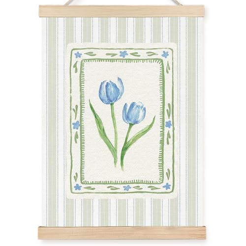 Image of PQKIY Grandmillennial Blue and Green Tulip Wall Art Poster Hanger Frame 12x16 in, French Country Cottagecore Floral Botanical Striped Wall Decor Canvas Prints for Home Bedroom Living Room