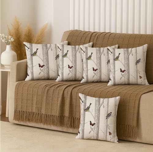 Image of Jaipur Weaves Cushion Cover 16 Inch X 16 Inch - Set of 5, Butterfly and Bird 250 GSM, Jacquard Weave, Decorative Soft Cushion Covers for Sofa /Bed /Chair, Gift for Home Decor (Woodland, 5)