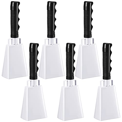 6 Pcs 10 Inch Cowbell with Handle Cheering Bell for Sports Events Large Noise Makers Cow bells Loud Cowbell Bulk for Football Games Party Chimes Percussion Musical Instruments(White)
