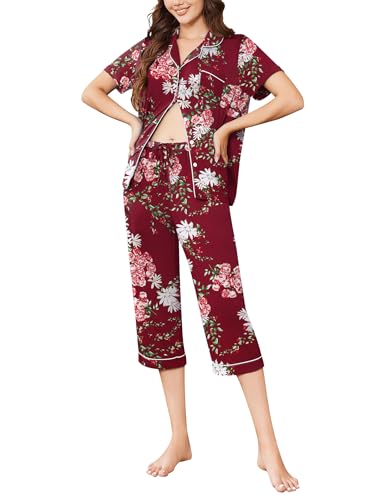 Image of Ekouaer Capri Pajamas for Women Short Sleeve Button Down Sleepwear Comfy Lounge Set 2-Piece Pants Pjs | Capri Pants With Pockets,Chest Pocket,Notch Collar,Contrast Pipings,Sleepwear For Home Loungwear,Wedding,Party&Breastfeeding