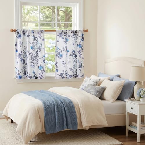 Image of MYSKY HOME Floral Kitchen Tier Cafe Curtains 24 Inch Length 2 Panels Privacy Small Window Treatments Rod Pocket for Bathroom Basement, Blue, 30 inch Wide Each Panel