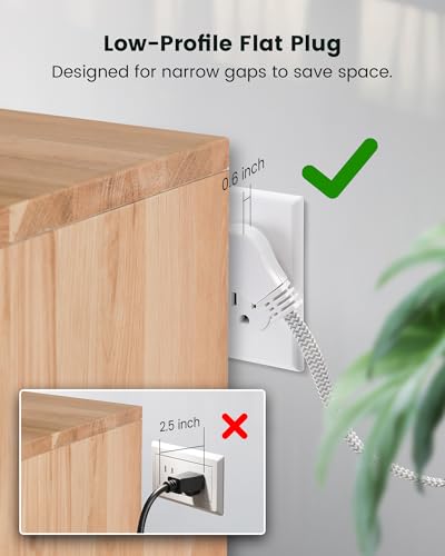 Image of SURAIELEC - 6 ft Flat Braided Extension Cord with 3 Power outlets - 360 Swivel - Braided Flat wall Socket - 16 AWG - White - for Indoor use