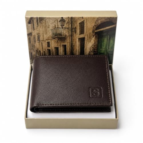 Image of SOVANO Genuine Leather Wallets for Man Original Bi Fold Slim Mens Wallets Design with RFID Protection ID Window Easy Access 6 Card Slots 2 Hidden Pockets Compact Gift for Men (Brown)
